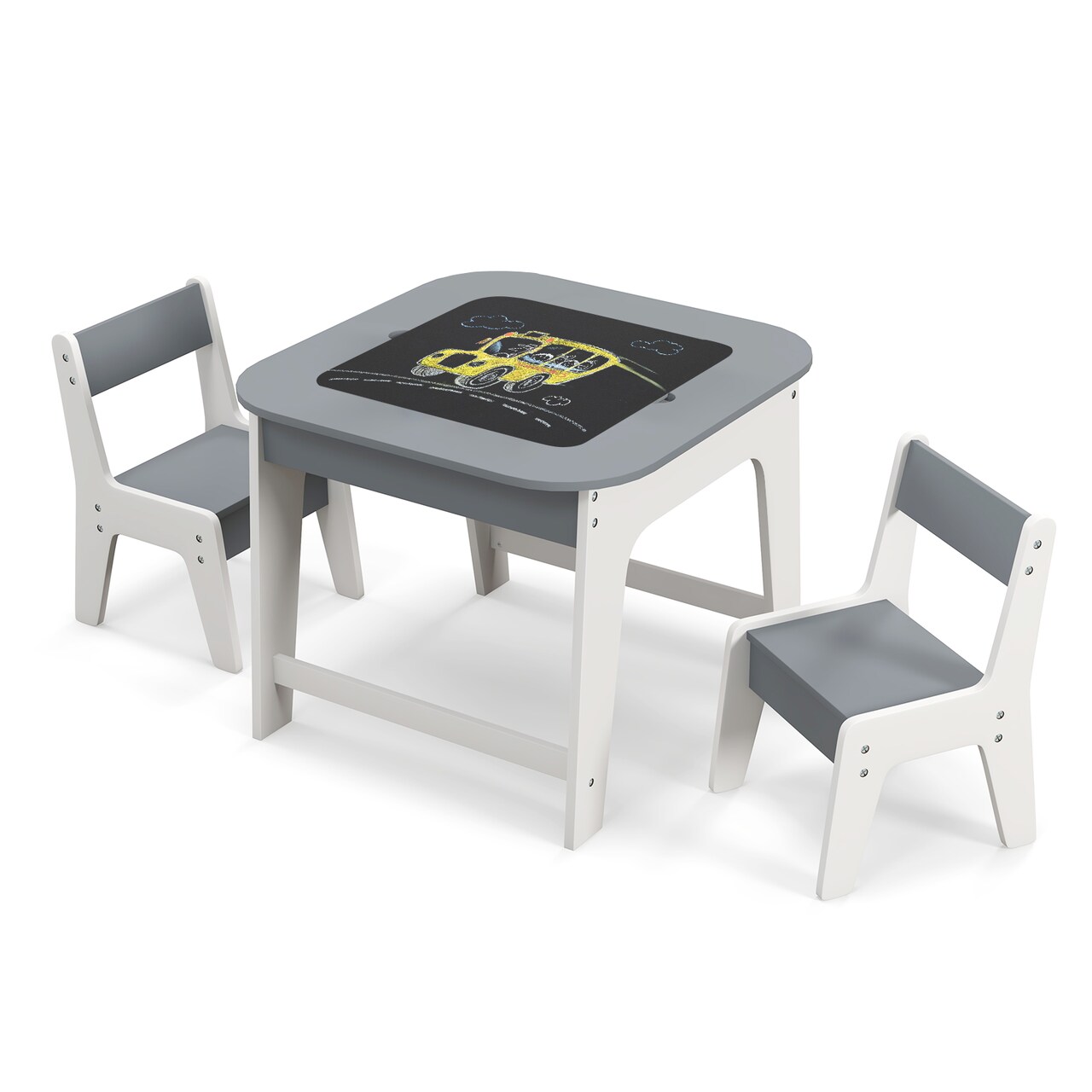Kids Activity Table and Chair Set with Storage Grey Wooden Play Table with Double-Sided Top